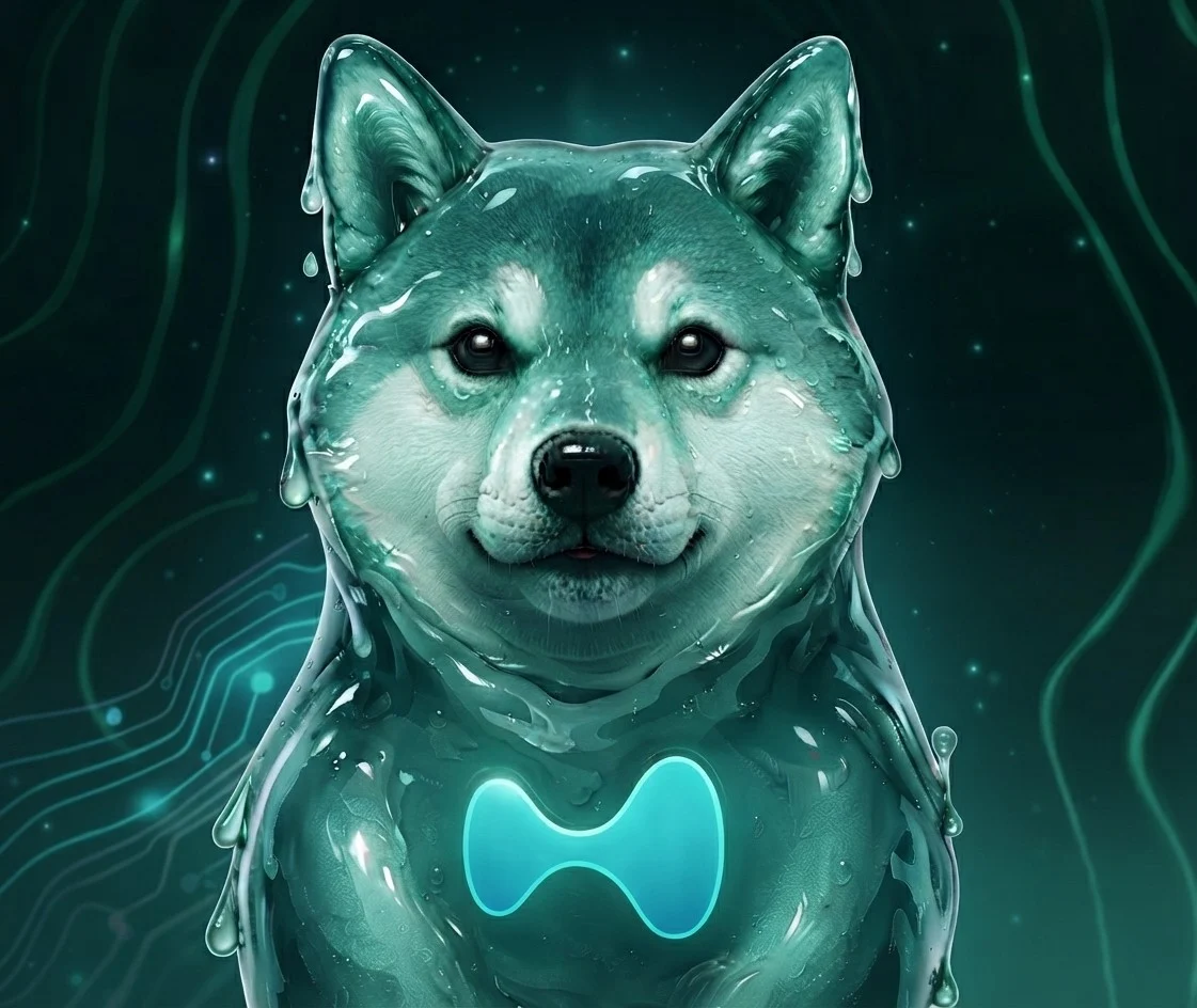 LIQUINU, a shiba made of liquid with a glowing emblem on its chest